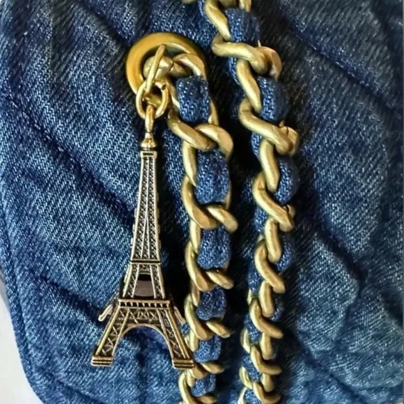 Karl Lagerfeld Agnes Quilted Denim Gold Chain Crossbody NWT - Picture 7 of 7